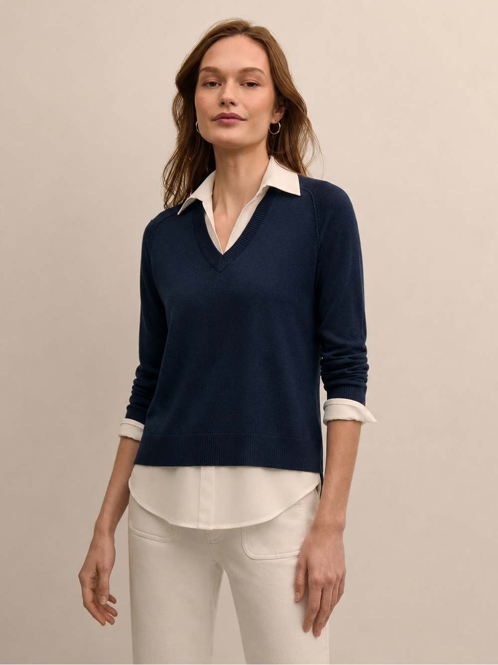 Hotel Particulier Wool Blend Layered Collared Sweater Blouse Navy White Size L